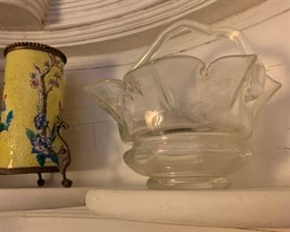 Longwy, France, Bronze Wrapped Vases with Crane, Pair, Antique Glass Basket with Petal