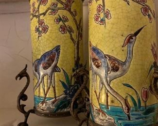 Longwy, France, Bronze Wrapped Vases with Crane, Pair
