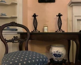 Bronze Museum Reproduction, The Tub, After Degas, Blue and White Planter, Marked 595-B, Wrought Iron Candle Holders