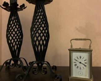 19th C Wrought Iron Candle Holders, Bigelow Kennard Brass Carriage Clock