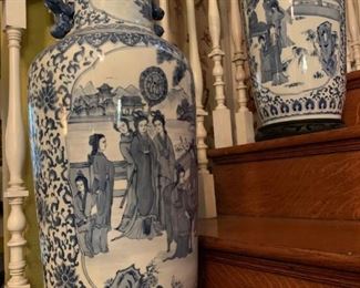Blue and White Floor Vases, Pair