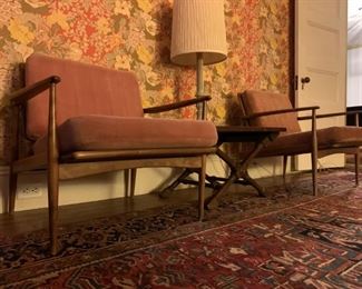 1930's Heriz Room Rug, Selig Style Mid Century Chairs, Pair