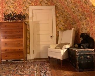 1930's Heriz Room Rug, Maple Six Drawer Chest, Antique Trunk, Wingback Armchair