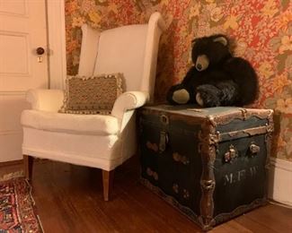 Wingback Armchair, Antique Travel Trunk