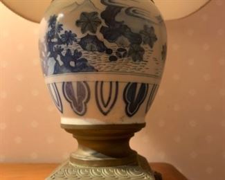 Blue and White Export Pottery Lamp with Brass Base