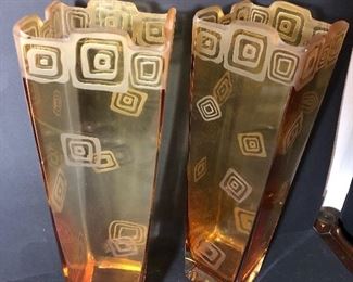 Tall Orange Amber Vase Pair