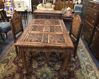Hand Carved Dining Table with 2 Chairs GORGEOUS 