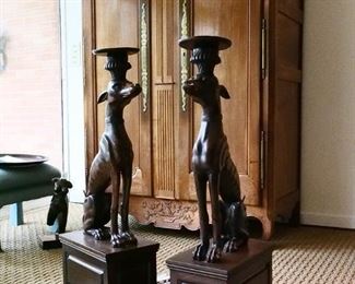 Pair of Whippets, 40" H. Carved wood Approximately England.