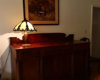 American Empire Sideboard mid 19th Century Mahogany, Mahogany veneers.