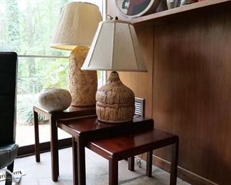 Component picture: Pair of lamps, ceramic vessel signed Gaines M. Brown, Set of Rosewood nesting tables.