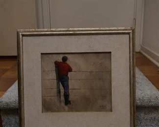 "Man in red shirt at fence" by John McIver 1971 acrylic
20"×23"