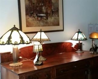 Collection of early 20th century "Slag-glass" lamps.