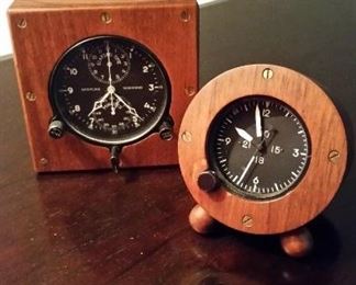 Left: Breitling Wakmann 8-day aircraft dash clock, (retro-fitted in bench made walnut case)
Right: Wakmann Aircraft cockpit clock, (retro-fitted in bench made case. C.1950