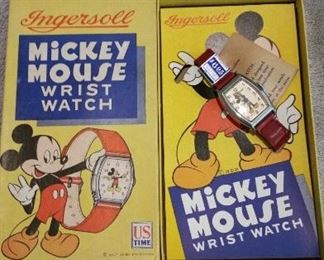 C. 1946 Mickey Mouse Watches, by Ingersoll, United States Time Corporation. Never worn, all are in their original boxes. All have been stored for nearly 73+ years. May not run, we did not test them.