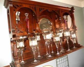 mahogany cabinet shown in photo permanently affixed to wall and not for sale. Mercury glass is available for purchase.