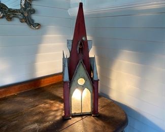 Antique painted tin church - lighted 