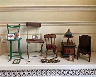 Miniature chairs, frames, antique thread stand