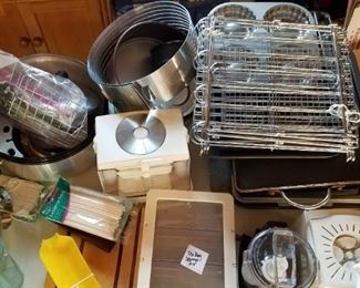 Baking pans, cooling racks, 3 tier baking rack for oven, tea bag storage box, vegetable choppers, small food processor, Grillex stovetop griller