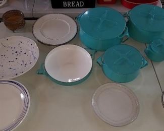 Serving platters, Dansk Kobenstyle pots with trivet lids, brass and glass jewelry box