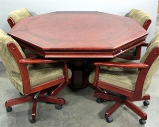 Octagonal Solid Wood Gaming Table With Lid And 4 Upholstered Swivel Chairs On Wheels