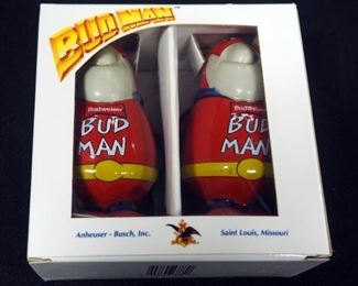 1991 Budweiser "Bud Man" Ceramic Salt And Pepper Shakers In Original Box