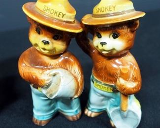 Ceramic Salt And Pepper Shakers Qty 6 Sets, Bear Themed Includes, Smokey The Bear, Mom And Cubs, Bear With Waste Bin, Honey Pot And Fish