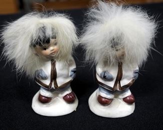Ceramic Salt And Pepper Shakers Qty 3 Sets, Includes Japanese Babies With Kitsune Masks, Children With Orange Hats And Alaskan Children With Parkas