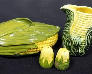 Corn Themed Ceramic Pitcher, Dish, And Salt And Pepper Shakers
