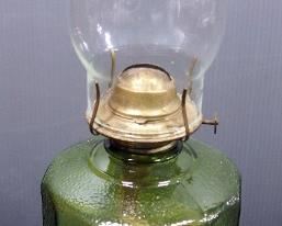 Green Colored Glass Oil Lamp With Green Tinted Hurricane Shade