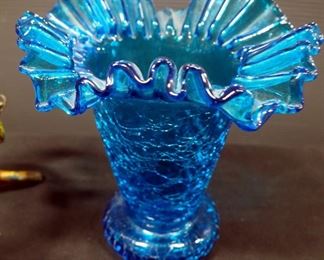 Blue Crackle Glass Vase 8" Diameter Around Rim 8.5" Tall, And Glass Decor Bowl With Metal Vine Stand
