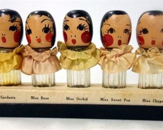 Dionne Floral Quintuplets Perfume by Karoff Glass Bottles Ribbon Collars Wood Doll Heads, With Original Base