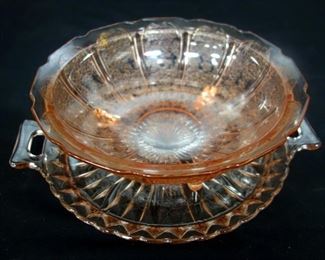 10.5" Pink Glass Footed Bowl And 10" Platter With Handles