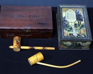 Two Wood Tobacco Pipes, A 50/50 Wood 1930's Cigar Box And Antique "Artstyle Chocolates" Tin Box