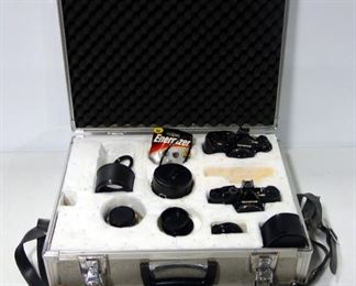Olympus 35mm Cameras Models 0M-1 And OM-2, Includes 50mm Lens, Varimagni Finder, With Metal Security Case