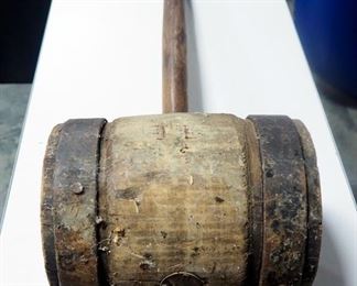 Antique "Strong Man" wood Mallet, Mallet Head 9.75" W x 7.75" Dia. And 28" Handle