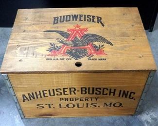 Anheuser Busch Budweiser Wood Crate With Bottle Cap Checker Board Under Lid, 11.25" H x 17.75" W x 12" D