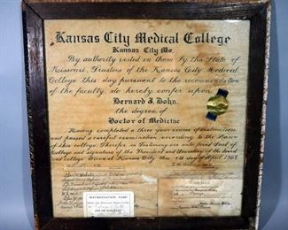 1907 Framed Kansas City Medical College Diploma For Dr. Bernard J. Bohn And Ephemera, Framed Under Glass, 23.25" W x 23.5" H