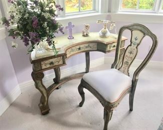 Curved Decorative Painted Desk and Matching Chair