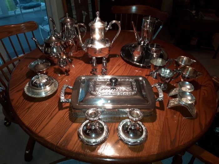 Nice collection of vintage to mid century silver plate tea sets and serving pieces