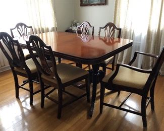 Mint condition Bassett Antique dining table, chairs, China closet and serving table