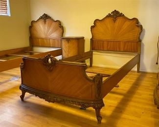 Two matching art deco satinwood bed frames