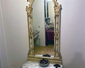 French hall mirror with low marble top table