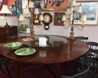 Custom Sierra Nevada round table with glass lazy susan, 72"D. Set of 6 Hickory chairs.   