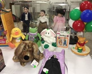 Set of 4 collectible "Our Gang" dolls in plastic display boxes: Alfalfa, Spanky, Darla, Buckwheat. Winnie the Pooh table lamp.  