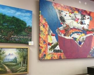 Several oil paintings on canvas, some on board. Right: Peter Marcus, two original mixed media oils of fish; one 50"x39" and one (pictured) 73"x46.25".   