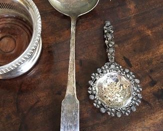 American Coin Silver ladle, sterling silver tea strainer