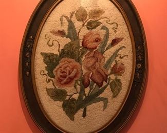 Antique framed floral needlepoint 