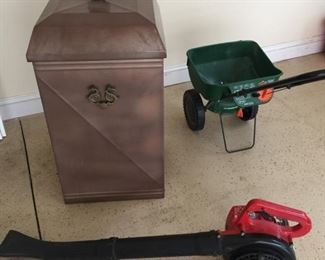 Ornate trash receptacle, spreader and blower