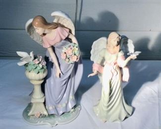 Porcelain Angel with Dove and Bird Bath.                                    Porcelain Angel withDove in Hand