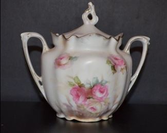 Antique RS Prussia Sugar Jar.                                                   Pink Rose Floral Hand Painted
